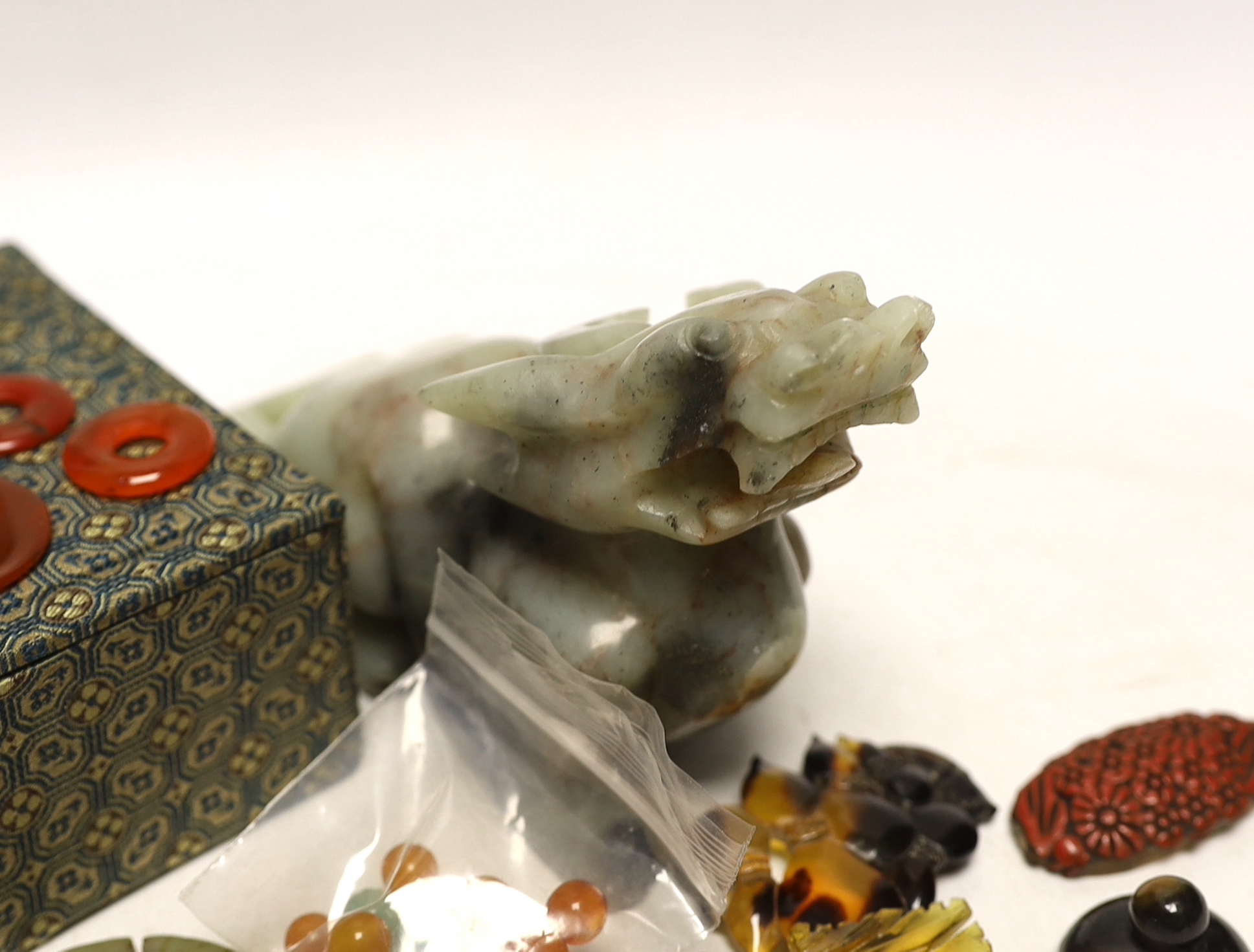 Chinese hardstone Lion dog and various small Chinese collectibles etc, Lion Dog 14cm wide